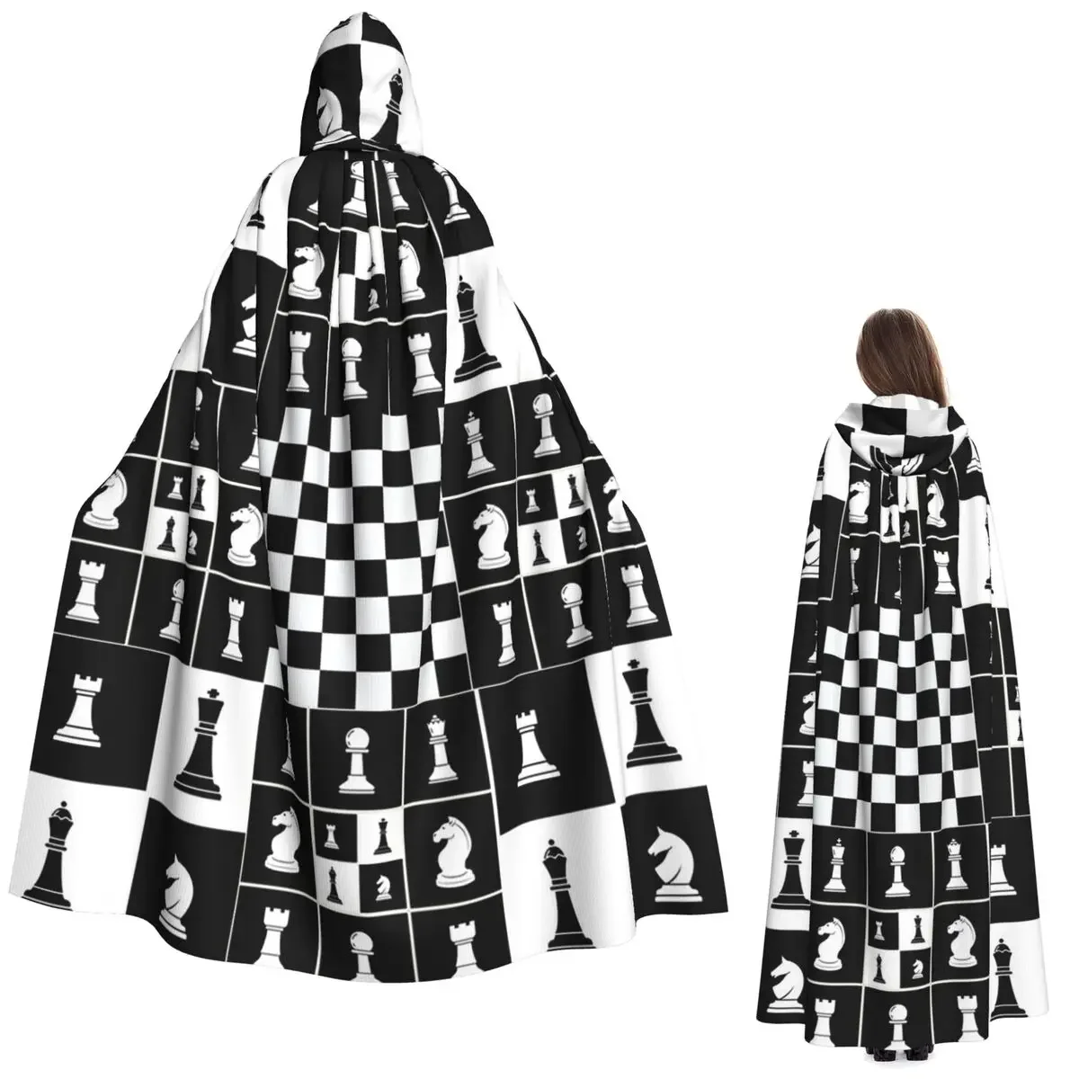 Custom Chess Pieces On Board Chessboard Long Hooded Cloak Witch Medieval Costume Cosplay Cape HalloweenParty Adult Unisex
