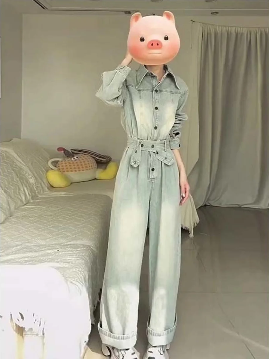 

Retro Denim Work Jumpsuits Women 2025 Spring Summer New Niche Design Sense Old Washing Straight Wide-Leg Pants