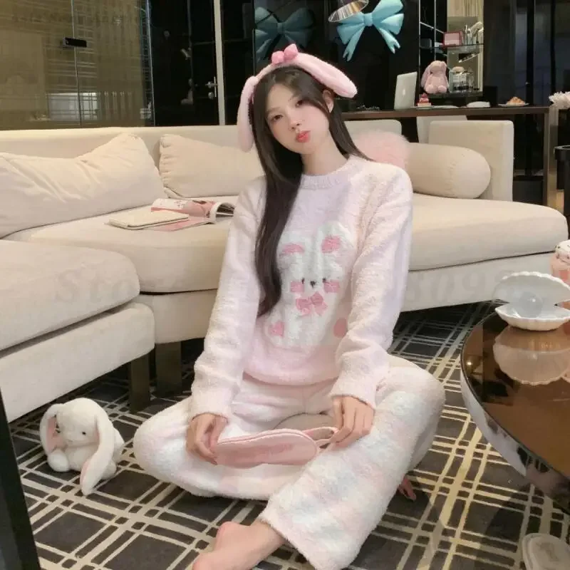 المرجان الصوف الحلو ملابس خاصة لطيف أرنب 2 قطعة منامة بنطلون دعوى فضفاضة مستديرة الرقبة ملابس المنزل الدافئة لينة كسول المتسكعون