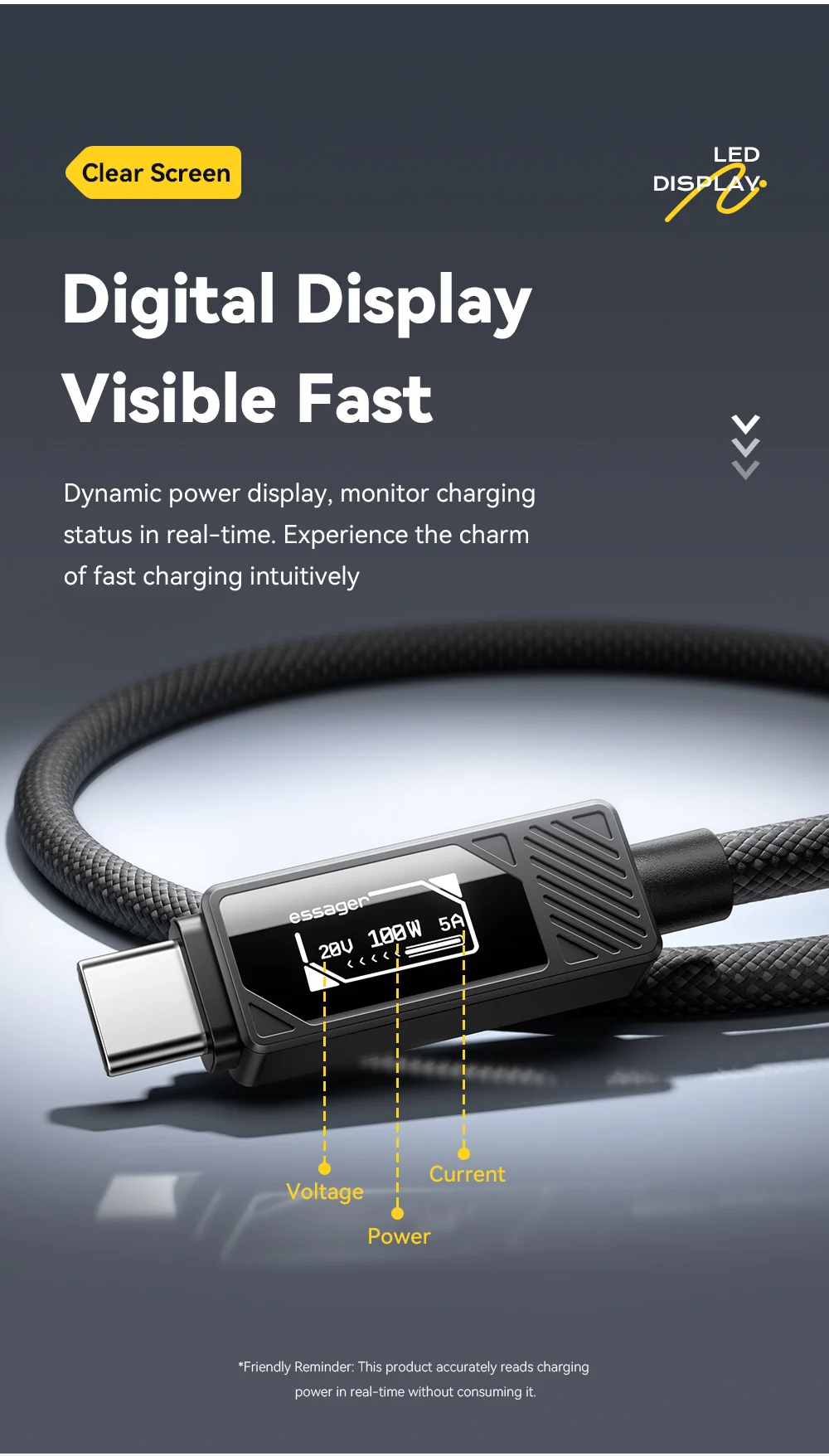 ESSAGER 100 W Typ-C-Kabel mit Digitalanzeige PD-Schnellladekabel für MacBook Pro/Air iPhone 16/15/14 iPad USB-C-Kabel – Detail 3