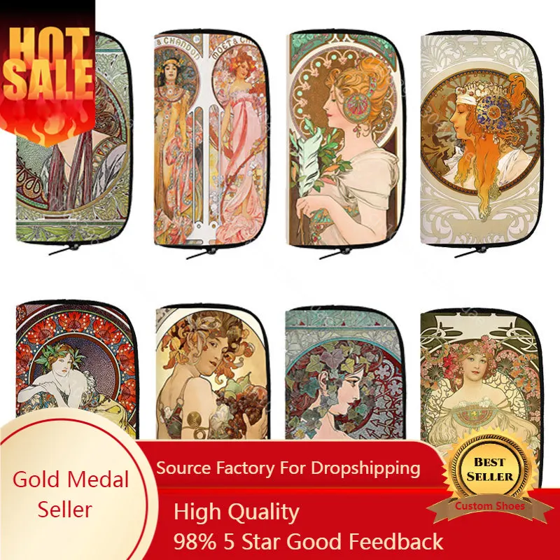 Oil Painting By Alphonse Mucha Print Wallet Women Men Coin Money Bags Phone ID Credit Card Casual Holder Purse Long Wallets Gift