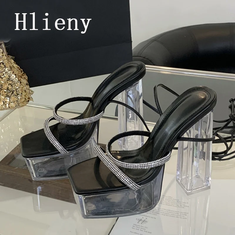 Hlieny 2024 Summer Platform Square Toe Sandals Peep Toe Crystal Tansparent High Heels Women Sexy Ankle Lace-up Party Shoes