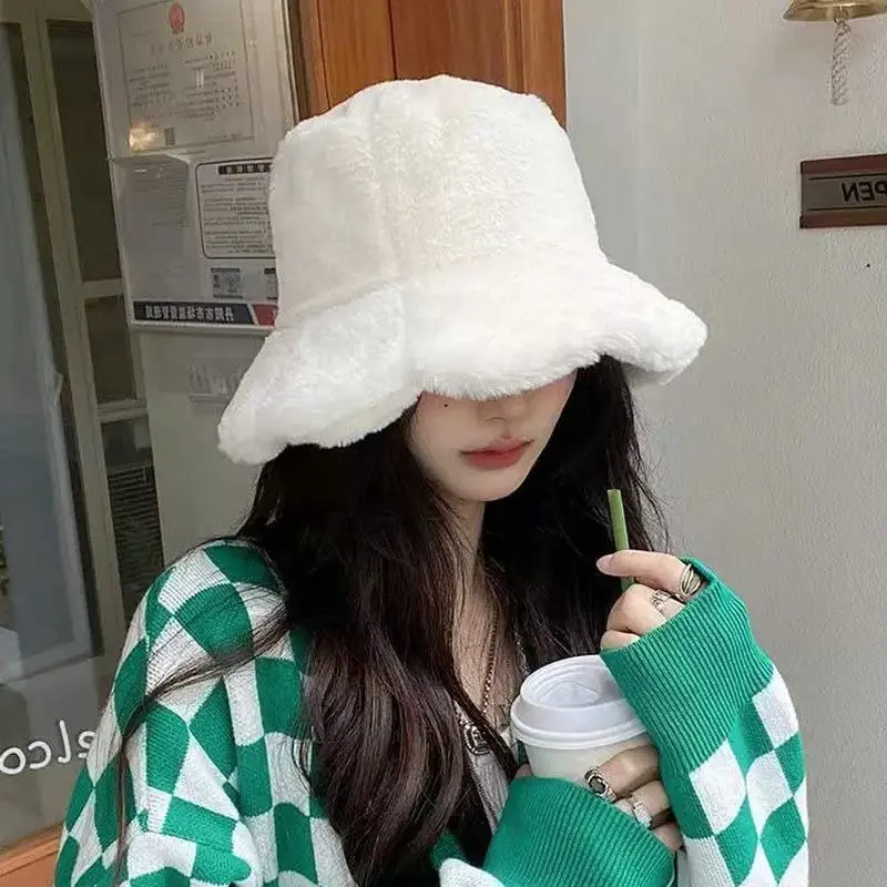 Soft Fluffy Ruffle Bucket Hat Plush Lotus Leaf Winter Warm Fisherman Hat Women Girls Winter Trend Outdoor Panama Casual Cap Hats