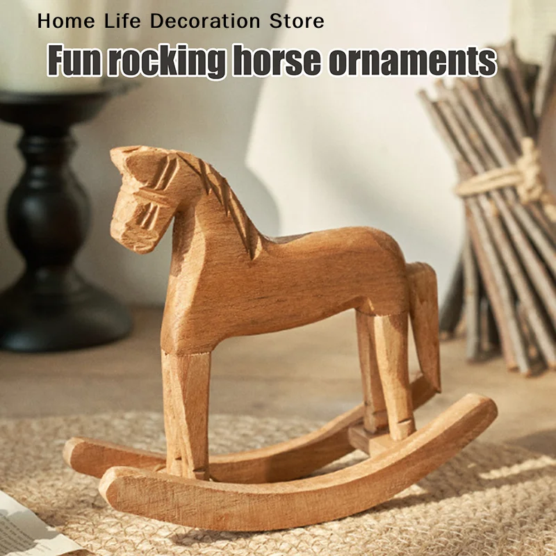 Nordic-style Wooden Crafts Rocking Horse Statue Balance Art Figurines Kids Toys Small Horse Hand Carved Gifts Office Home Decor