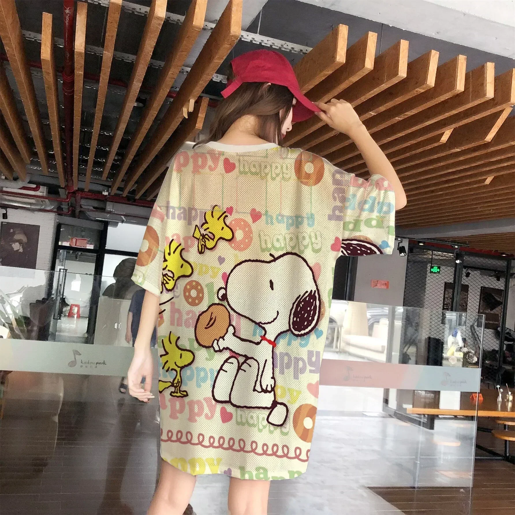 

Snoopy Summer girl dress loose Size Sportswear Casual Lounge Women's Short Sleeve T-Shirt Mesh Quick-Dry Dress