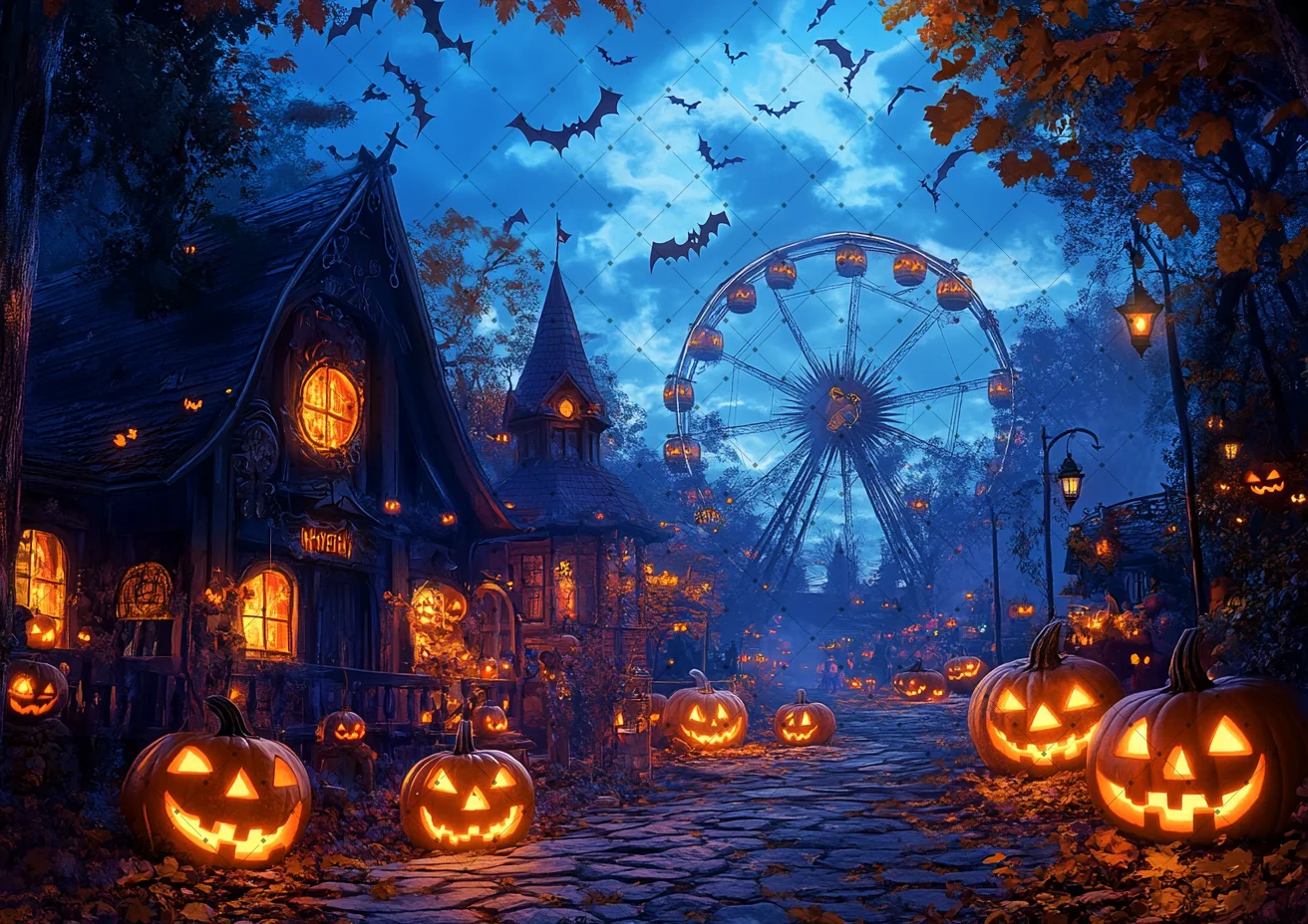 Halloween Carnival Town Backdrop Glowing Lantern Haunted Cottage Ferris Wheel Flying Bat Misty Night Street Spooky Background