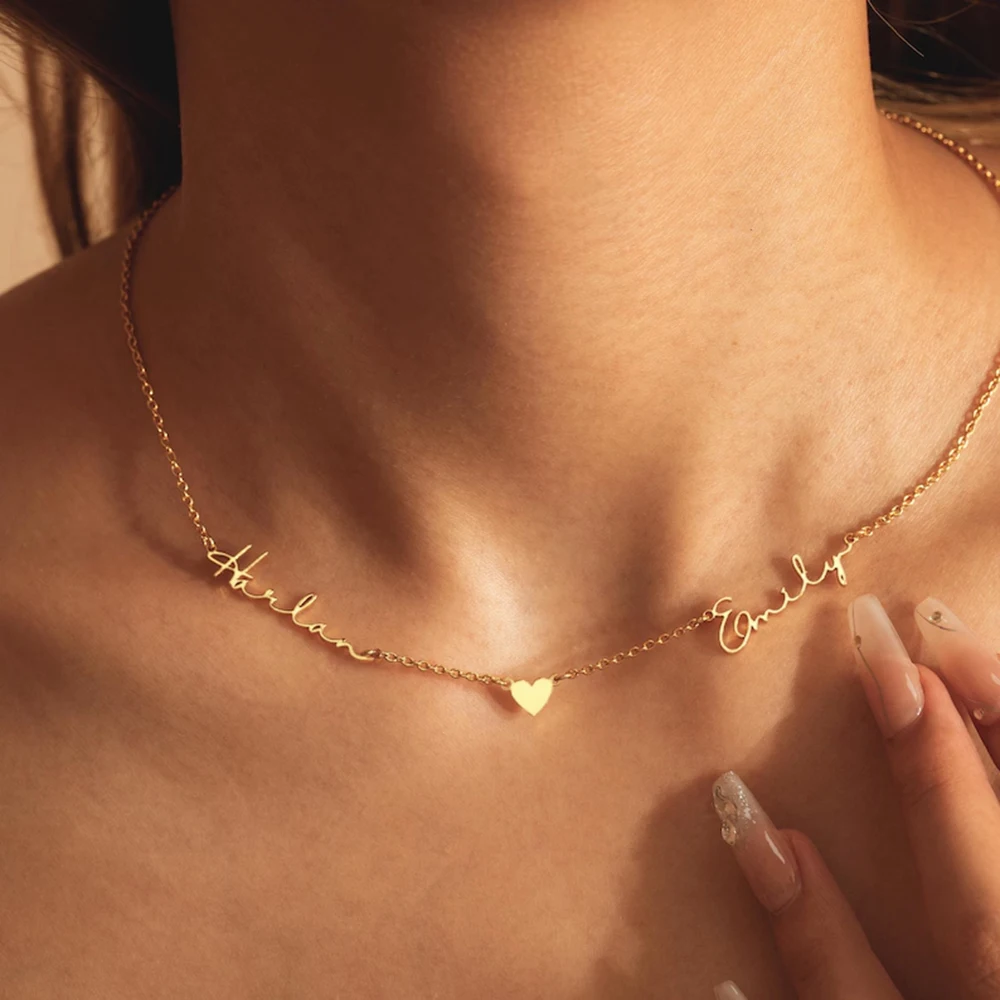 Custom Couple Two Name Necklace with Heart Charm Personalized Script Pendant Dainty Women Jewelry Gift for Lover Anniversary