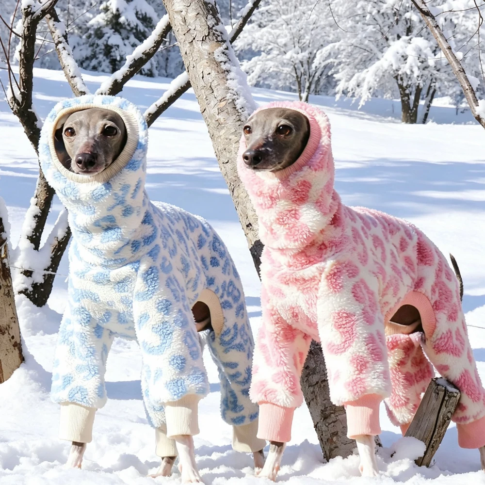 Brauner Fleece-Leopardenmantel für kleine, mittelgroße und große Whippets, 4-beiniger warmer Pullover für Windhunde, dicker Winter-Schlafanzug für Salukis – Detail 4