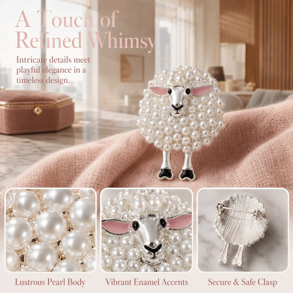 Zinc Alloy Sheep Brooch Full Drill Design Pearl Material Pearl Brooch Exquisite Craftsmanship Versatile Accessory Vintage Brooch