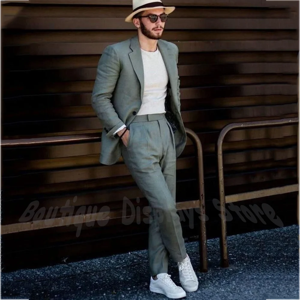 

Summer Casual Men's Suit Linen Blend Notch Lapel Single Breasted Jacket Pants Costume Homme Business Daily Wear Prom Club