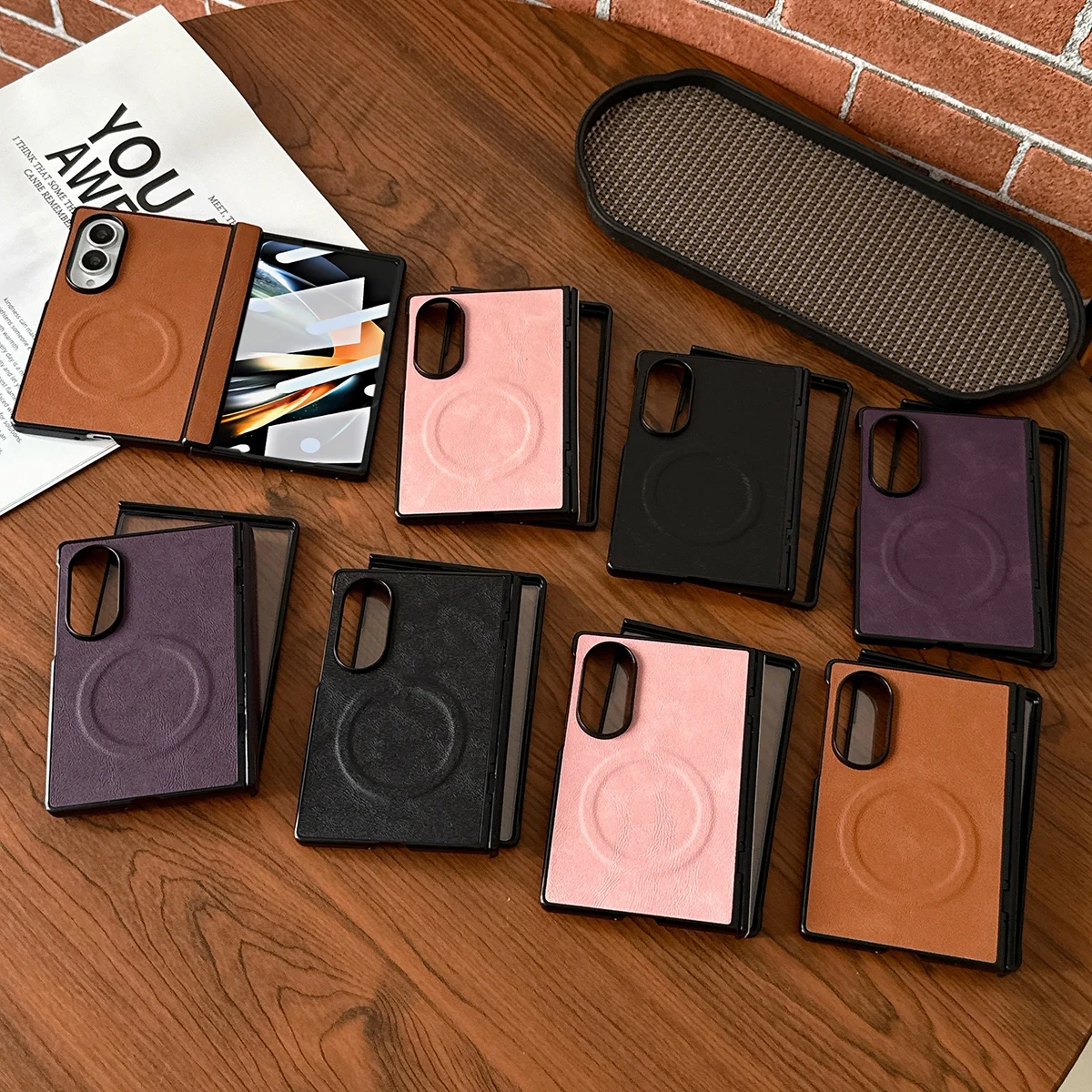PU Leather Magnetic Phone Case with Built-in Screen Protector Spring Hinge Protection Hard PC Back Support Wireless Charging for Samsung Galaxy Z Fold 8