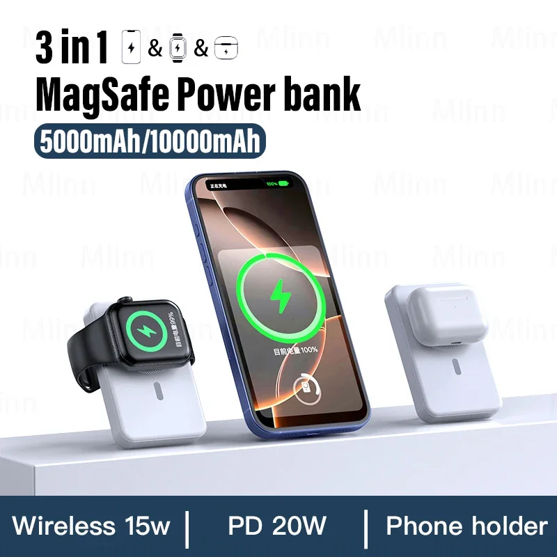 10000mAh Magnetic Wireless Power Bank 3 in 1 Portable Auxiliary Battery PD20W MagSafe Powerbank For iPhone 16/15/14/13/12 Watch