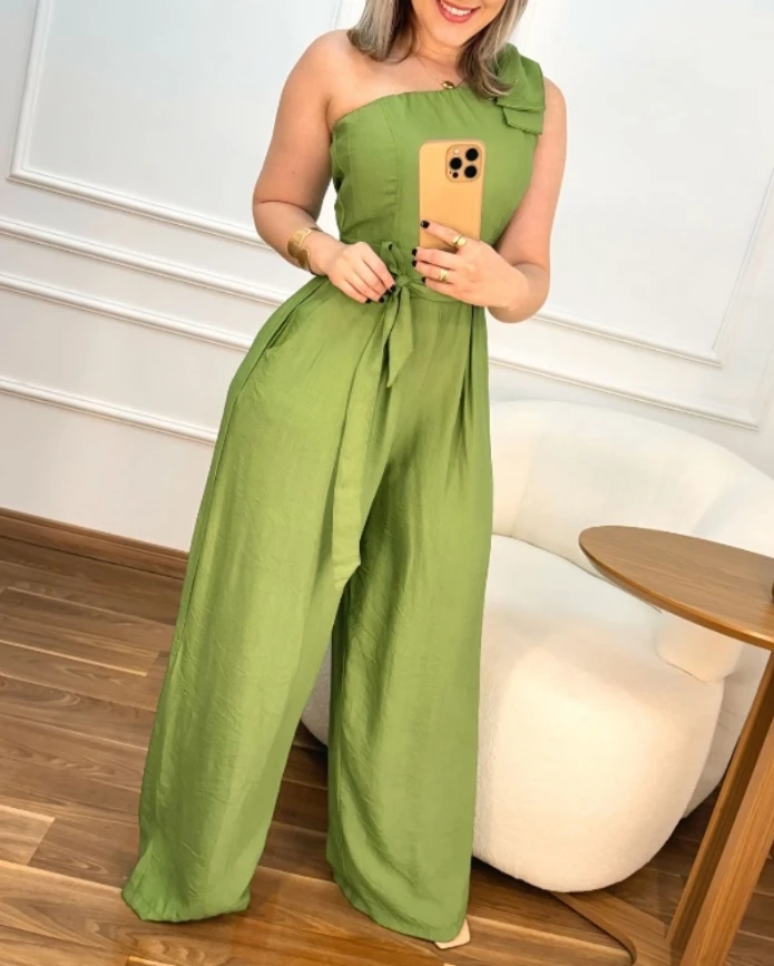 Jumpsuit Women 2025 Spring New One Shoulder Sleeveless Ruched Long Jumpsuit Casual Tied Detail Loose Fit Wide-Leg Romper