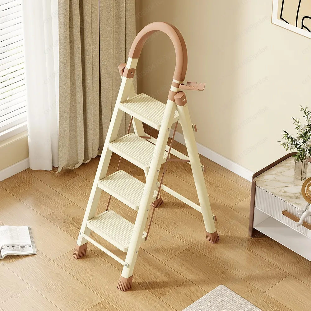 Milk Coffee Color Three-step Folding Ladder, Thickened Portable Drying Rack Dual-purpose Household image 4