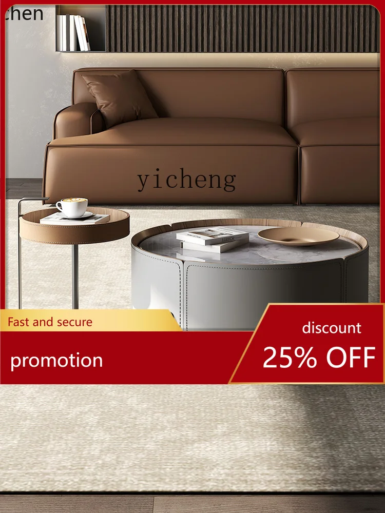 

HXL round new pearl rock slab coffee table combination saddle leather solid wood living room round coffee table