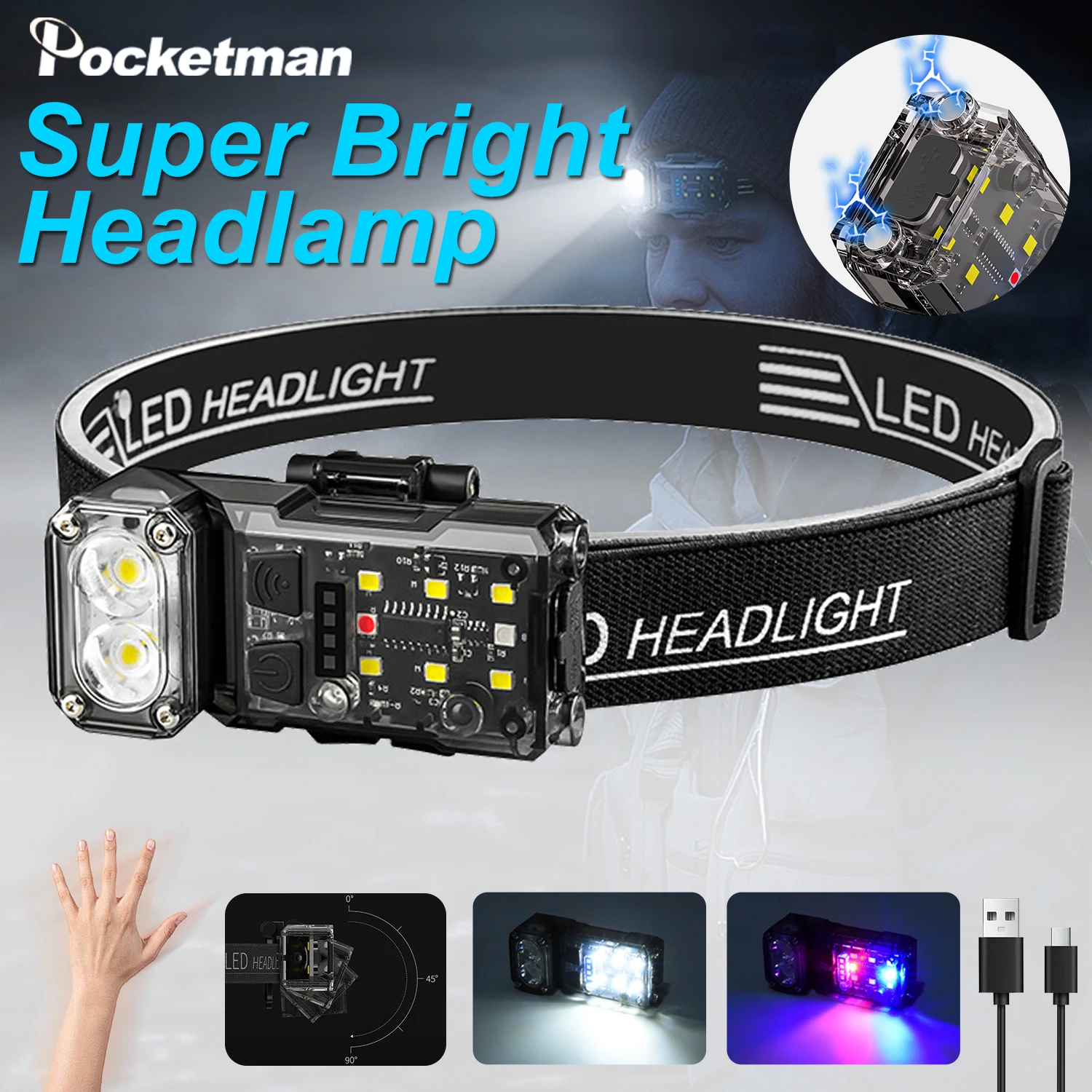 New keychain light Type-C rechargeable headlight can rotate sensing head lamp multi-functional LED flashlight