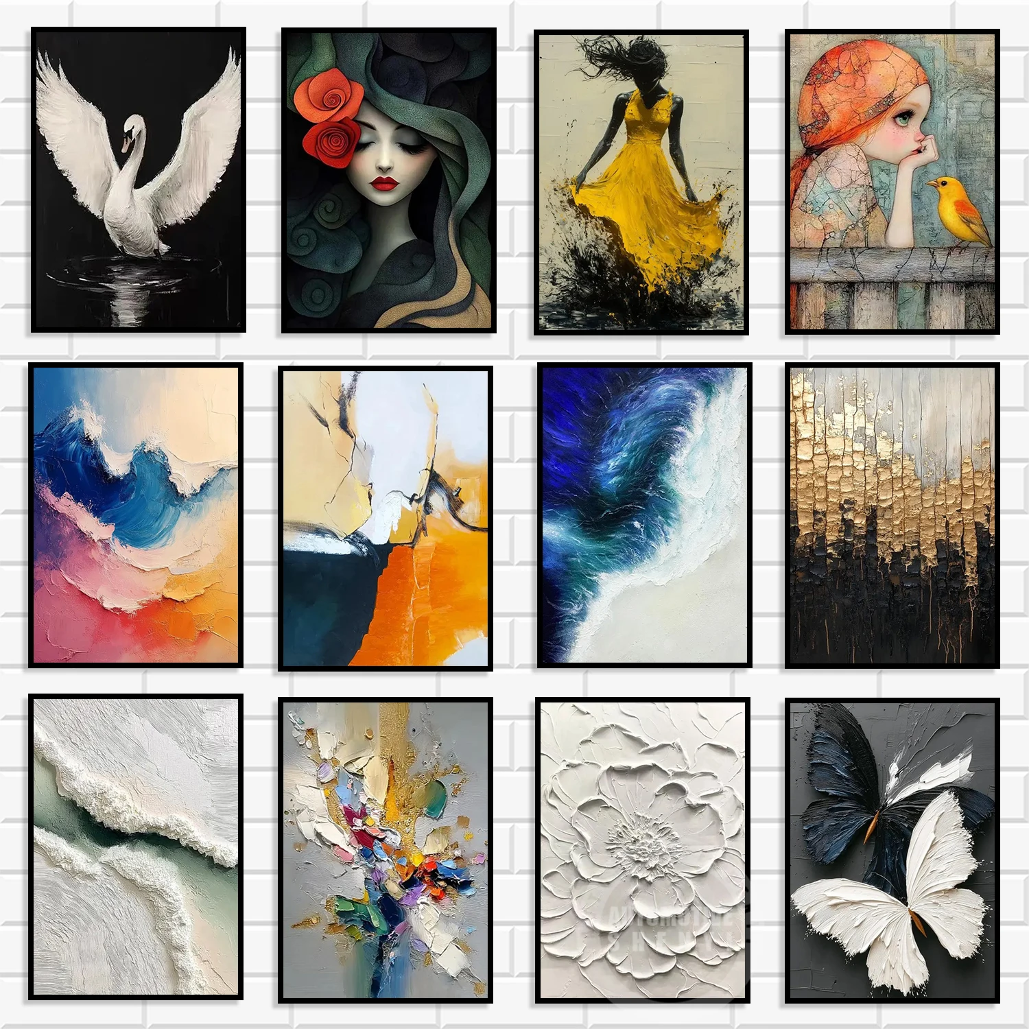 Abstract Textured Diamond Wall Art Set Modern Figure Floral Print Aesthetic Minimalist Poster for Living Room Bedroom Home Dec