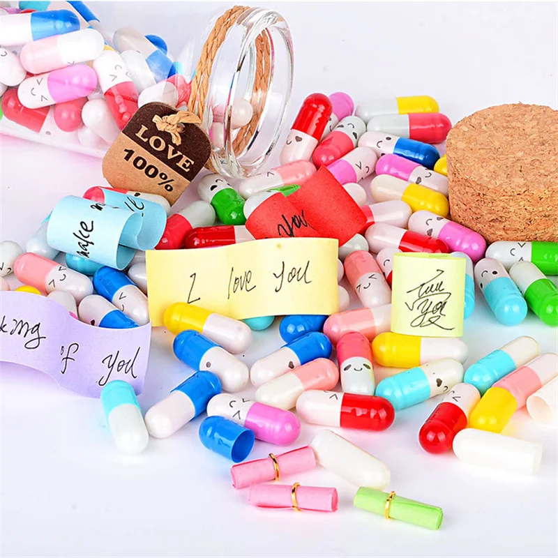 10Sets Message Capsules Love Pill with Roll Paper Blank Notes Wish Bottle Capsule Emoticon Smile Pills Wedding Valentine's Gift