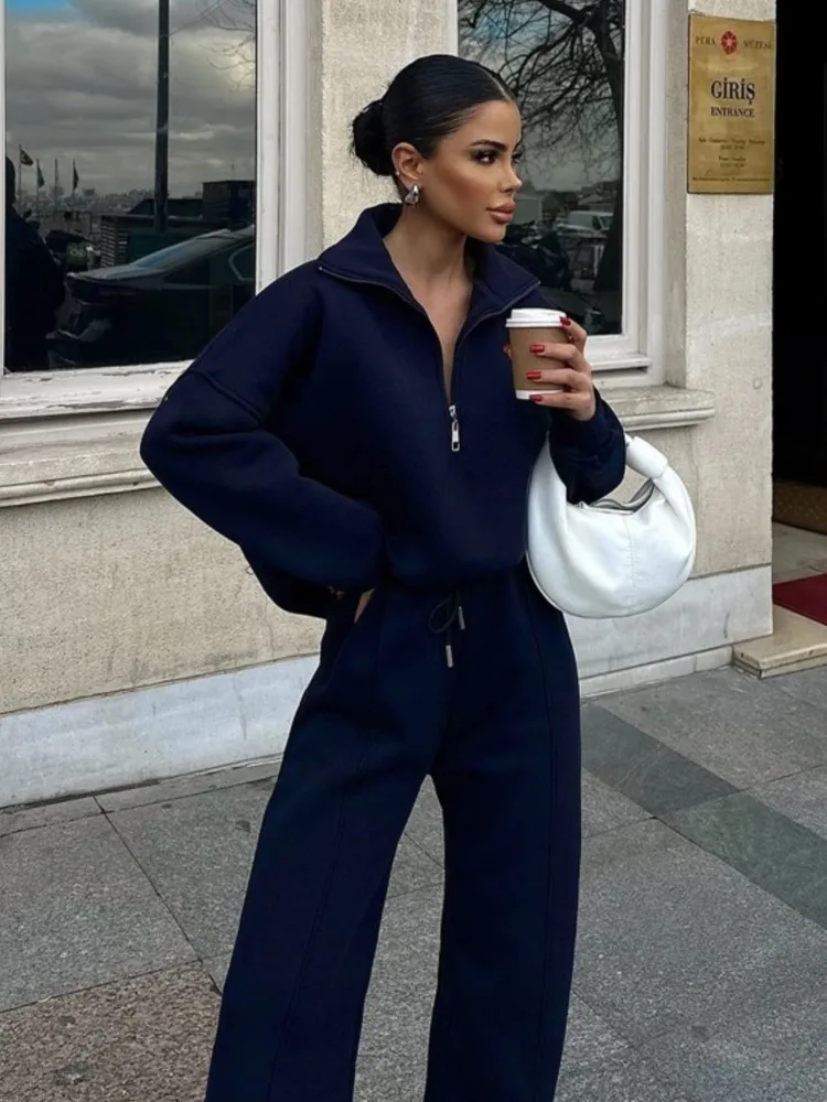 

Новые осенне-зимние повседневные женские комплекты из двух предметов, свободный пуловер на молнии, толстовки, длинные брюки, одинаковые комплекты уличной одежды