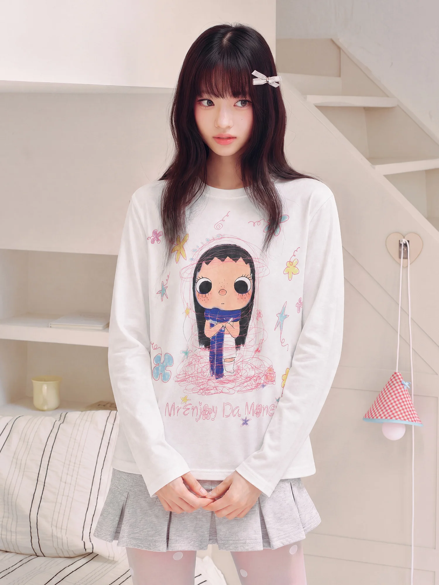 Medm Yuy Collaborative Long Sleeve Knitted T-Shirt round Neck Print Color Block Cute Style Trendy Top for Men And Women