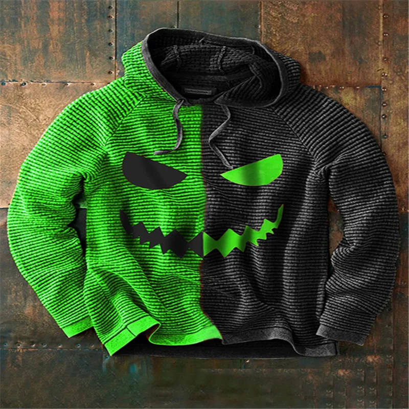 Halloween Pumpkin 3D Print Hoodies for Men Autumn Stitching Rib Men's Top Pullover Winter Long Sleeve Loose Hooded Shirt Свитшот