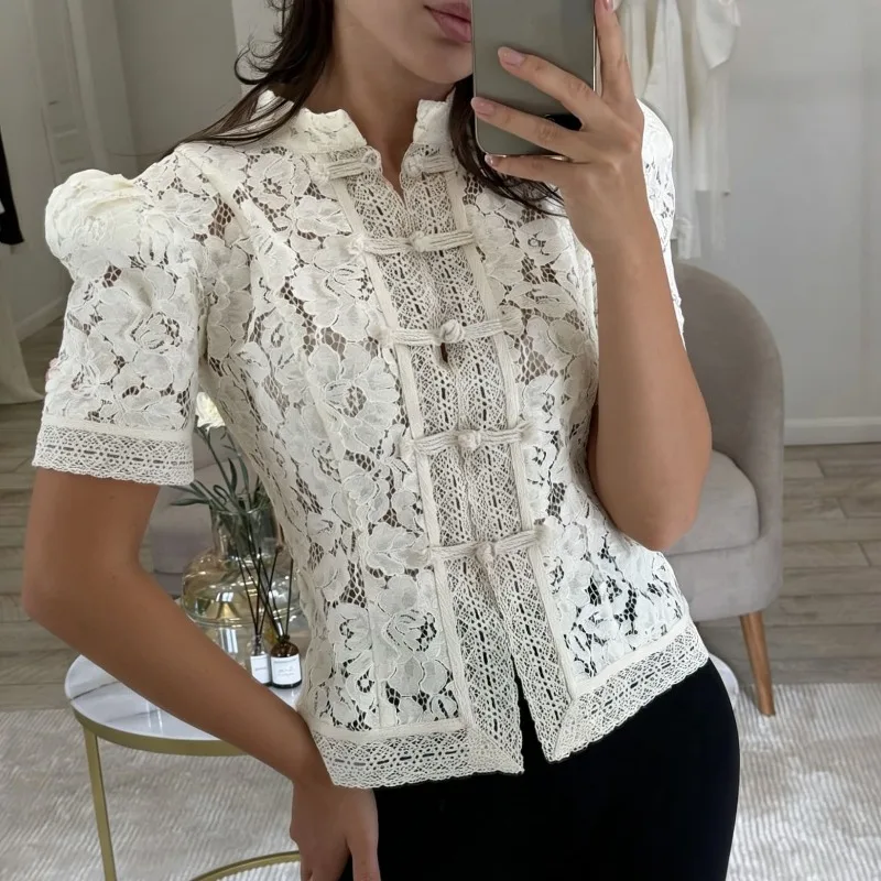 Women Elegant Chic Lace T-shirts Fashion Stand Collar Short Sleeve Single Breasted Slim Fit Casual Blouses Casual Streetwear Top
