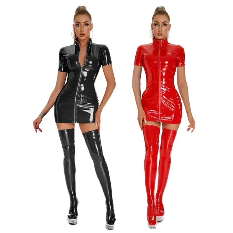 

2025Mini Robe en Faux Cuir PVC avec Fermeture Éclair pour Boîte Costume de Cosplay, Pole Dance Manches Courtes, Latex PU, Hanche