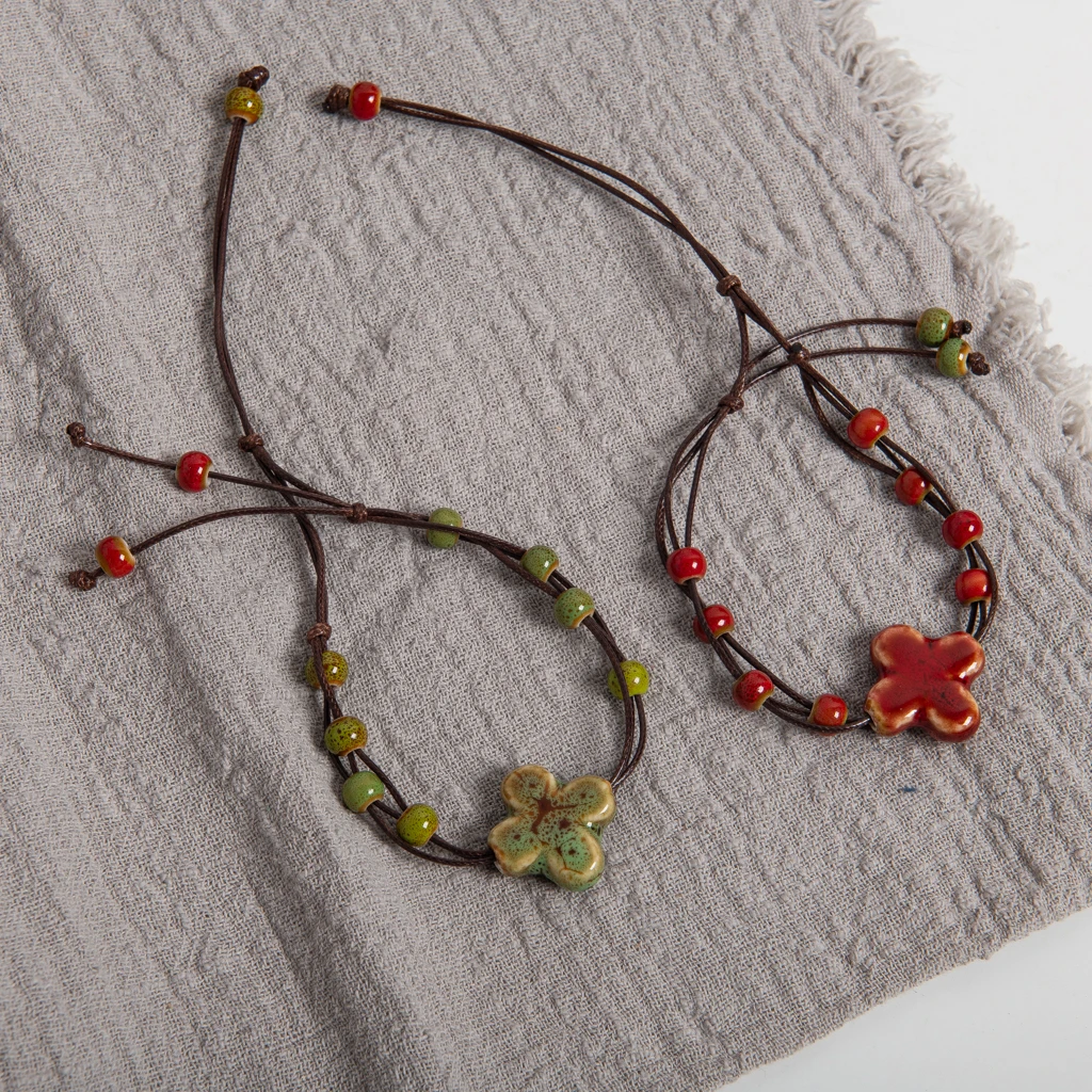 Handcrafted Adjustable Ceramic Floral Charm Bracelet Women Waxed Rope Jewelry Unique Gift Fashion Accessories Boho Style 145