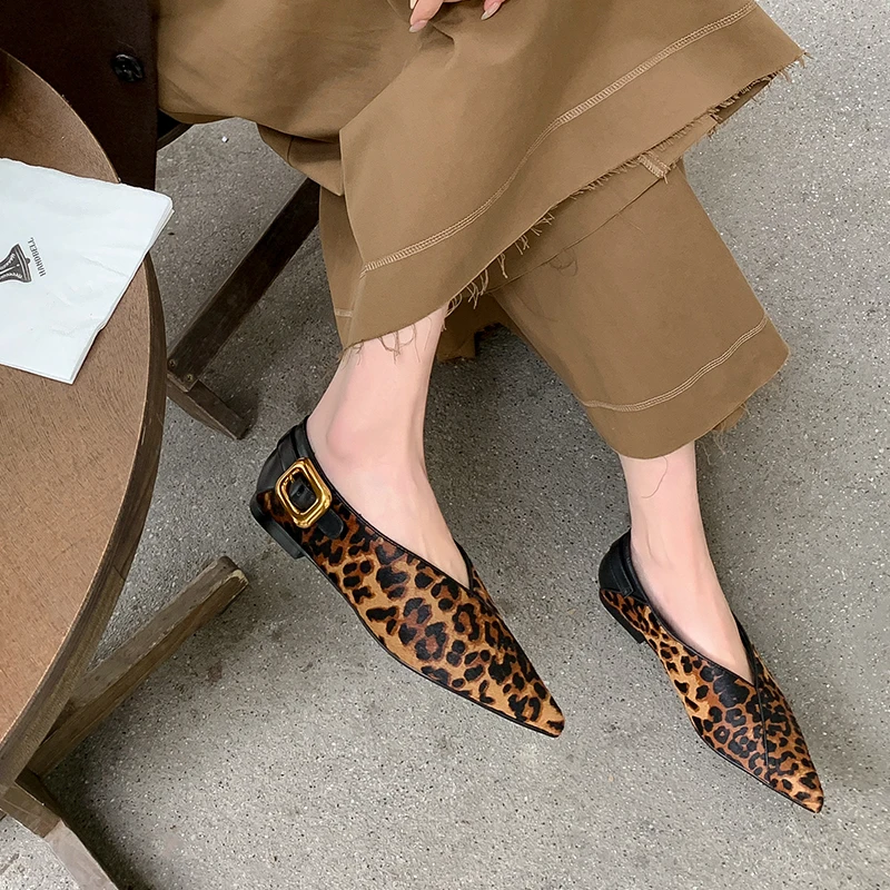 2025 New Fashion Single Shoes Ballet Shoes Women\'s Retro Leopard Print Genuine Leather Pointed Toe Pumps Lady Shoes for Women
