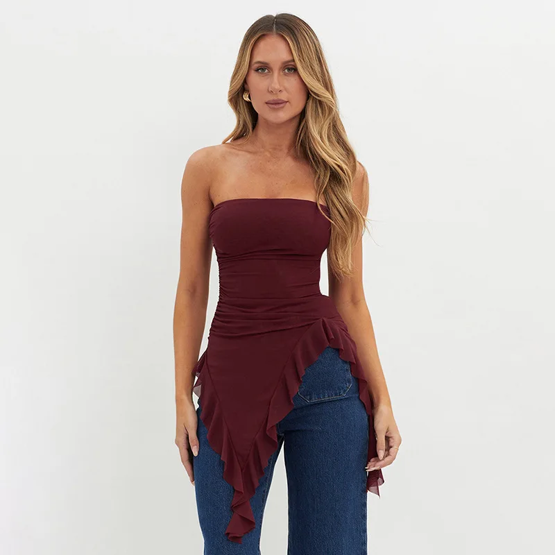 

M23TP707 European and American Women's Fashion Winter New Mesh Off-Shoulder Tube Top Backless Ruffled BlouseTT-shirt