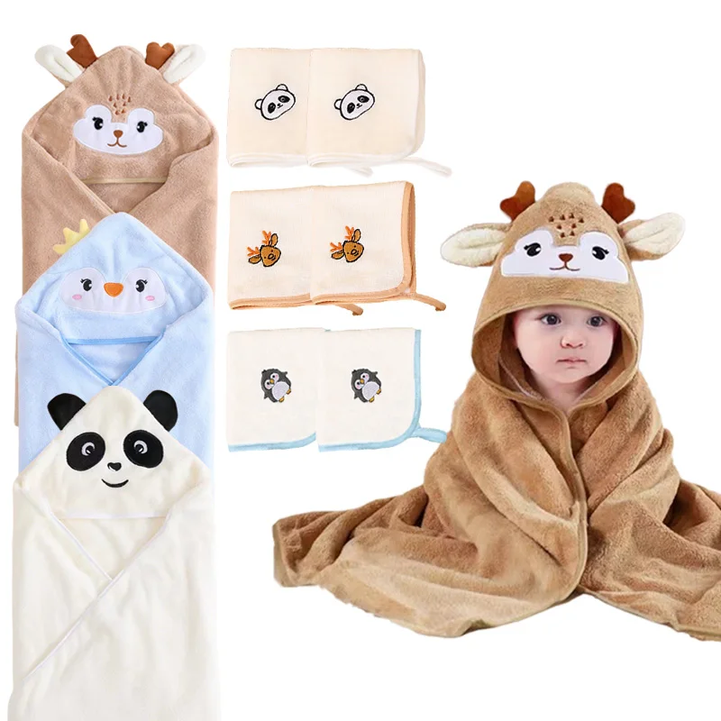 A cute children's wearable blanket, two cartoon embroidered face towels, soft and comfortable with strong water absorption