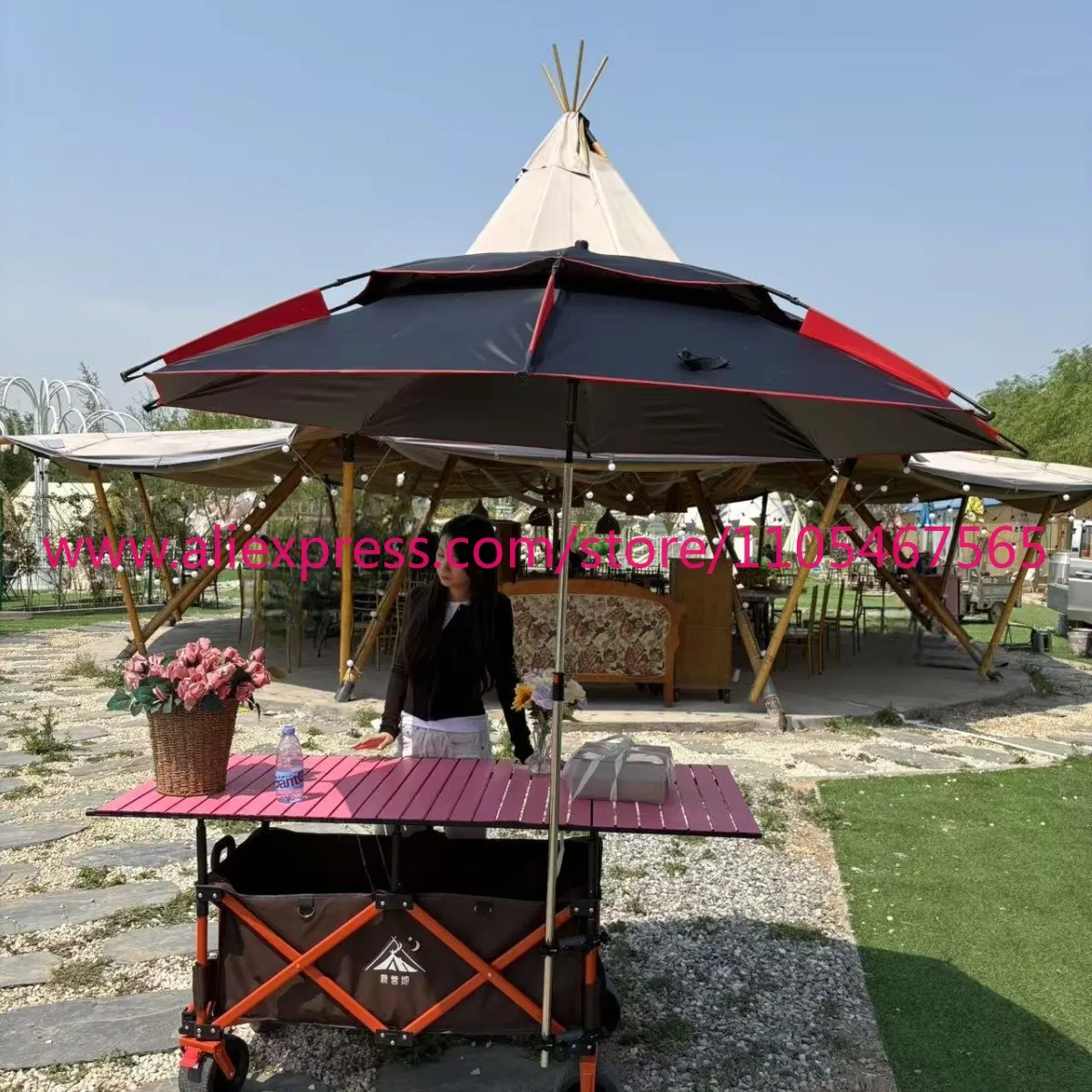 1PCS camper stall large foldable trolley outdoor camping with umbrella lifting table board raised ceiling stall truck - view 6