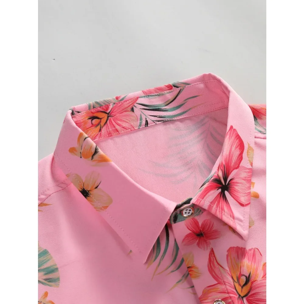 Men's Short Sleeved Pink Floral Button Up Shirts Casual Short Sleeve Button Down Shirt Beach Shirts Hawaiian Style Shirts