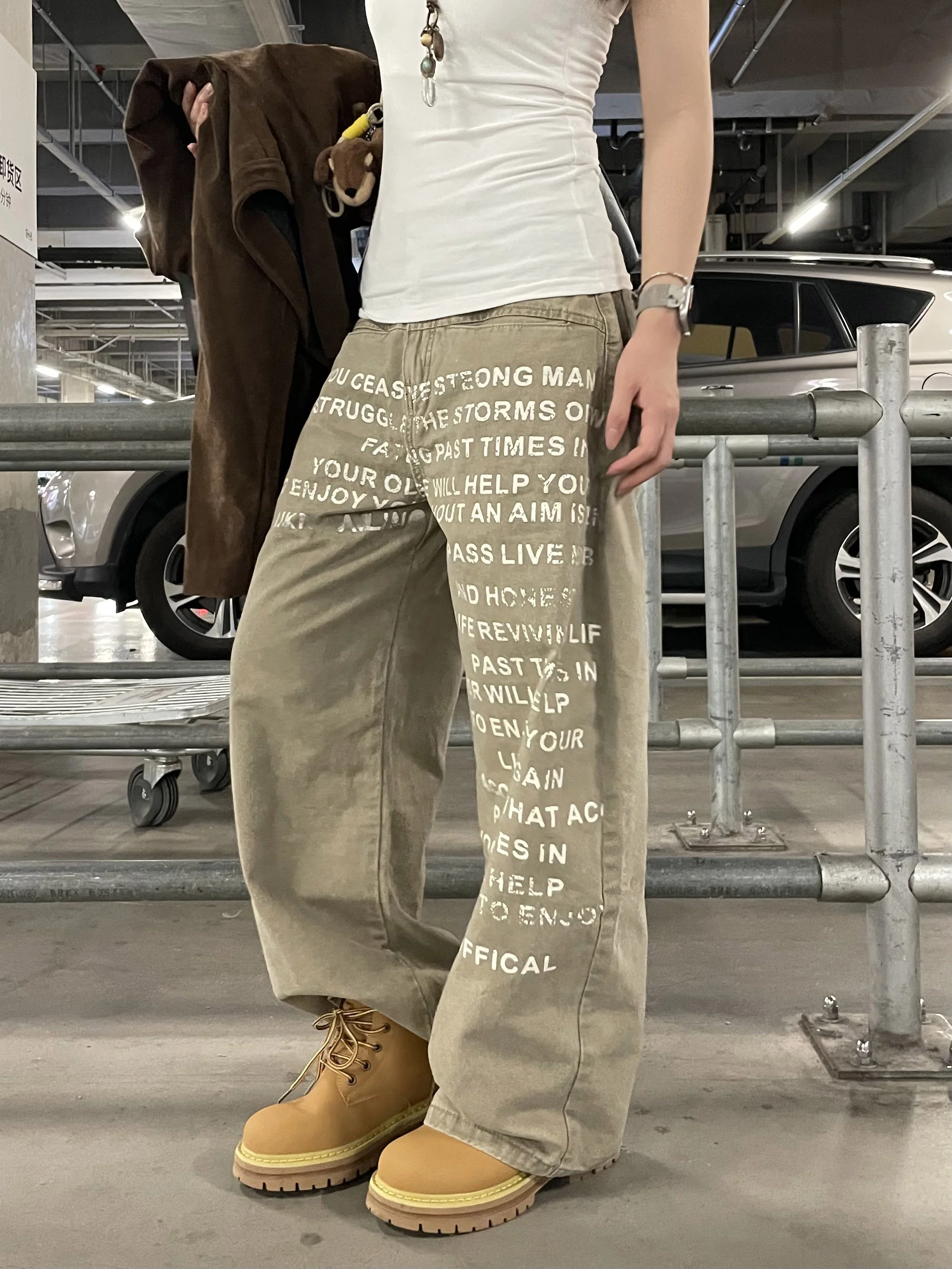 

Retro American Khaki Letter Workwear Jeans Women's Autumn Wide Leg Loose Straight Casual Pants Cotton l Waist Zipper