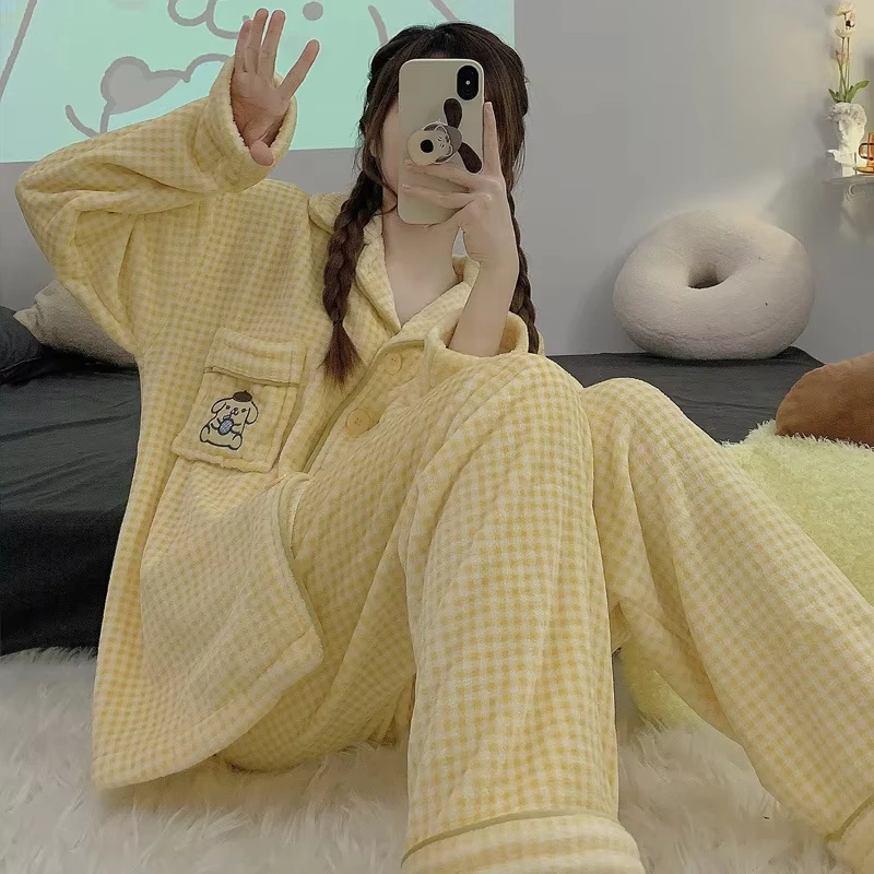 

Sanrios Kuromi Women Coral Fleece Winter Pajamas Suit Anime Pochacco Keep Warm Homewear Autumn Winter Cute Student Nightwear