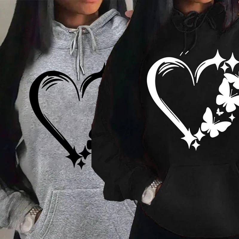 

Women's Multicolor Love & Butterfly Pattern Hoodie Hip Hop Street Style Trendy Pocket Detail Vintage Graphic Hooded Sweatshirt