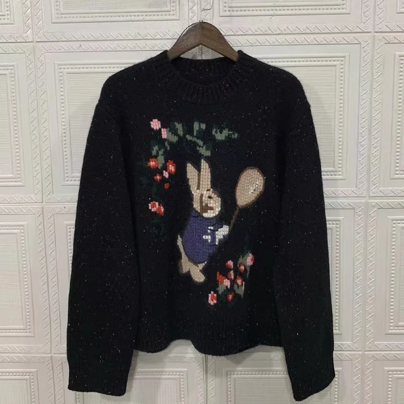 Autumn Winter Fashion Cartoon Embroidery Thick Warm Sweaters Women Clothing Casual Loose O-neck Soft Wool Lazy Knitted Pullovers