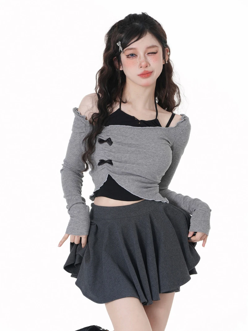 Y2K Grey Two Piece Set Spicy Girl Top Slim Sexy Hotsweet Women Short Shirt Off Shoulder Long Sleeved T-shirt Hanging Neck Bow