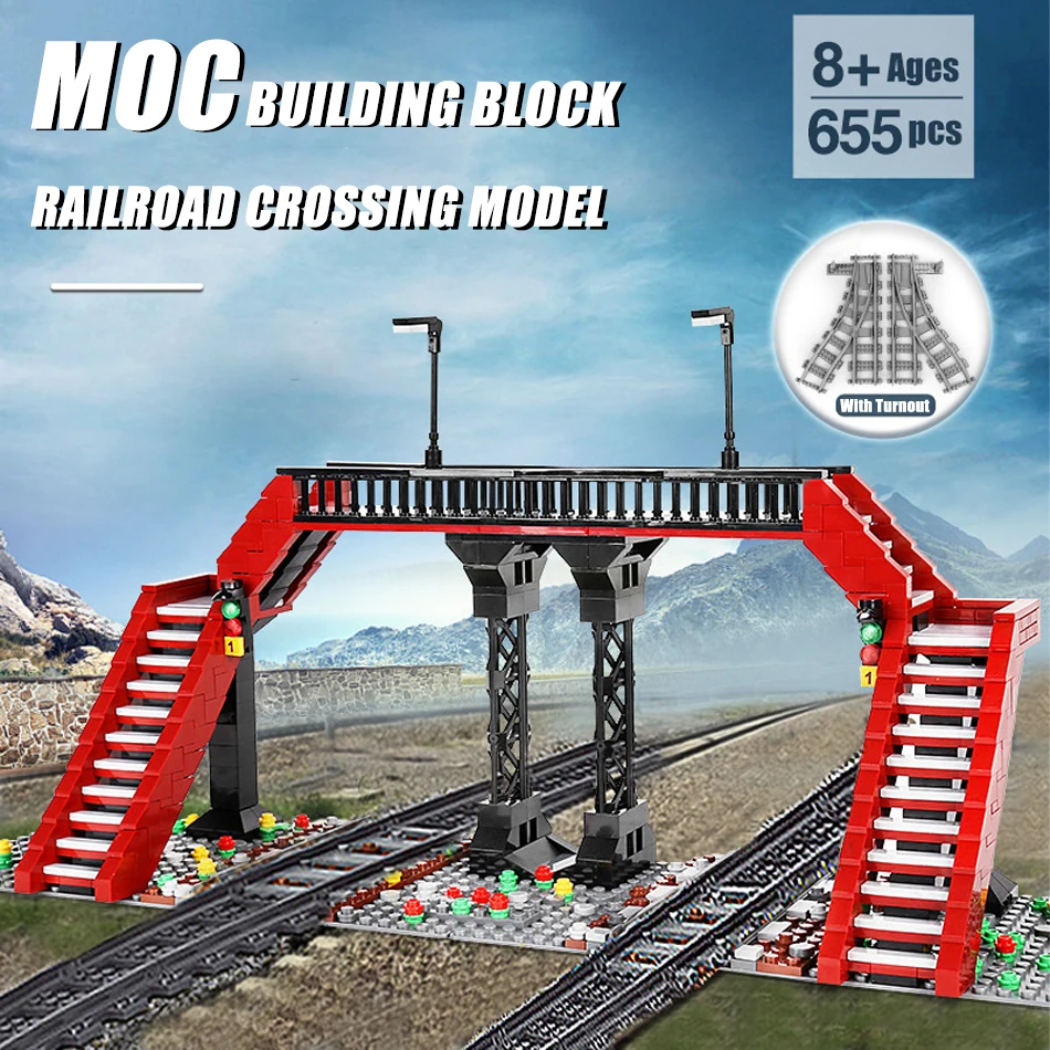 MOC Technical Railroad Crossing Building Block Sets with Turnout Track Railway Overpass Model Bricks Toy for Kids Christmas Gift