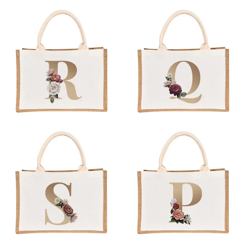 

26 Letter Print Jute Shopping Tote Bags Reusable Grocery Storage Handbags Eco Large Capacity Burlap Beach Women Daily Travel Bag