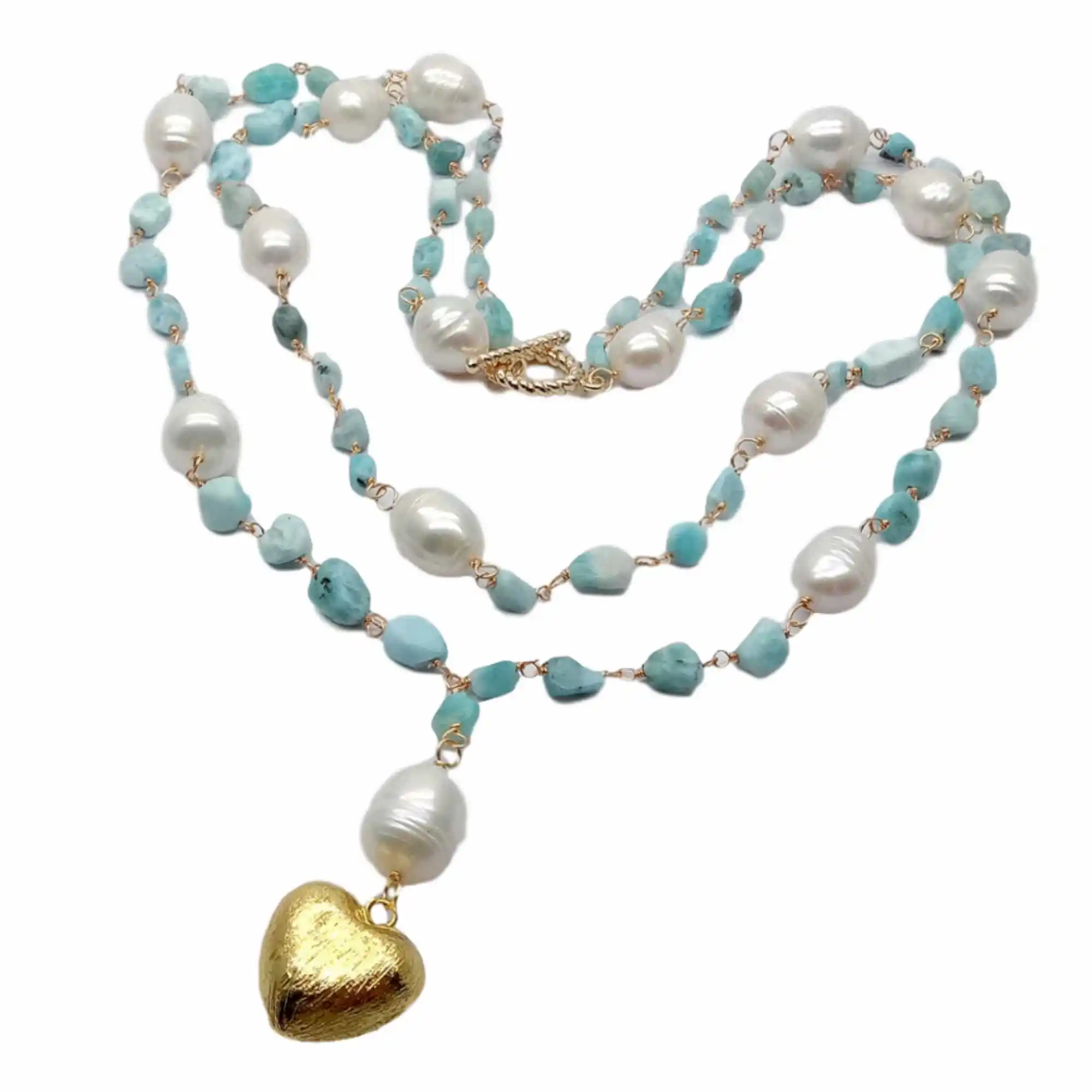 Fashion natural Blue Larimar White Rice Pearl Heart gold Necklace Point spirit Pendant Spiritual quadrilateral Men's Stone