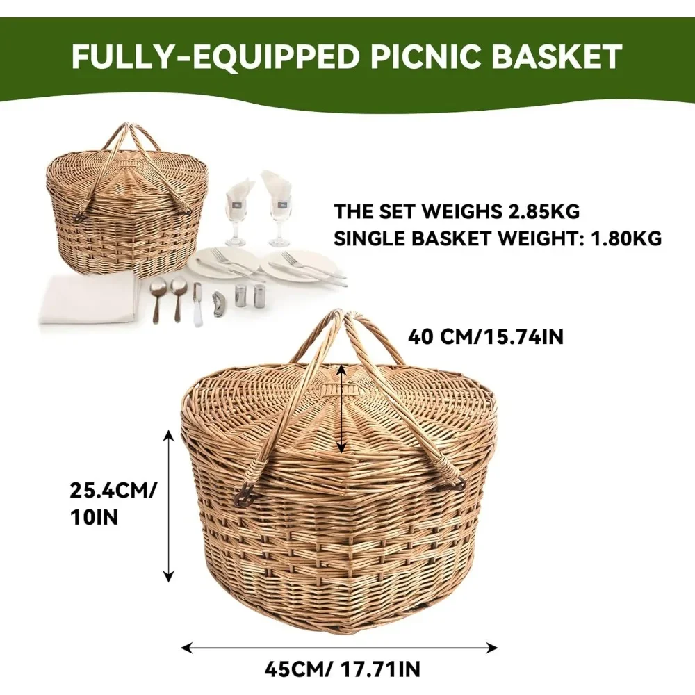 Heart Picnic Basket Set for 2 - Wicker with Complete Accessories | Perfect Gift for Couples & Anniversaries