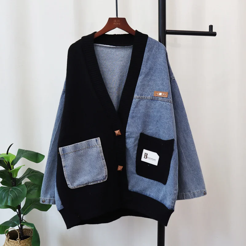 

2025 Korean Women's Denim Stitching Knitted Cardigan Jacket Oversize Loose Sweater Coat Autumn Winter Lady Casual Jean Outerwear