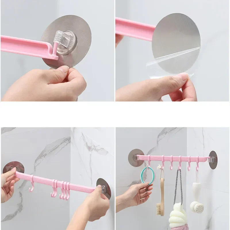 Bathroom 6 Row Hooks Towel Double Adjustable Wall Holder Hanger Tool Bathroom Hanger Organizer Home Accessories