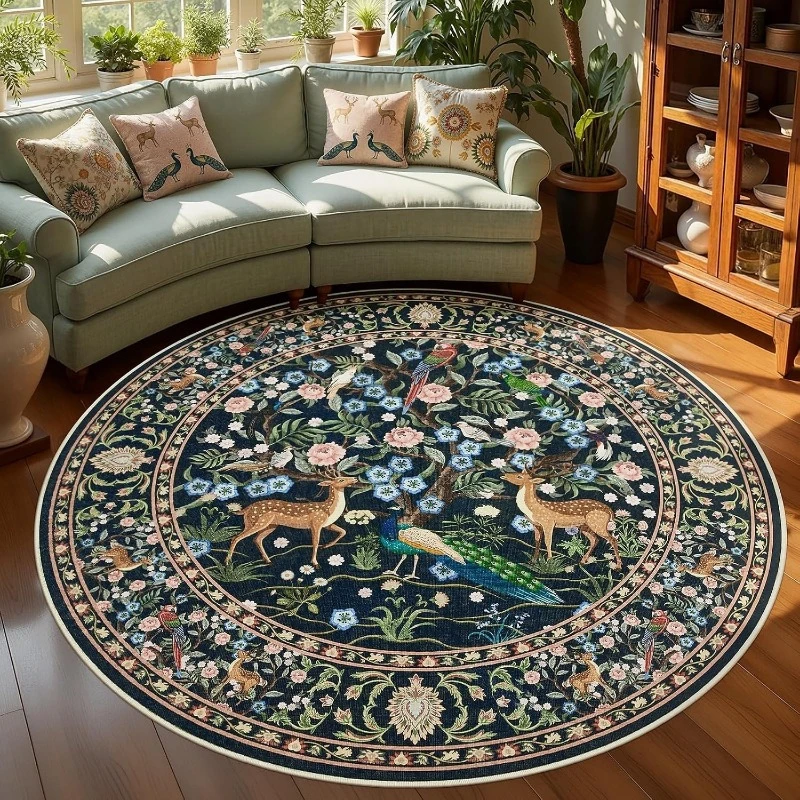 Round Living Room Carpet Non-slip Machine Washable Floor Mat Vintage Bohemian Forest Pattern Rug Large Size Home Decoration Rugs