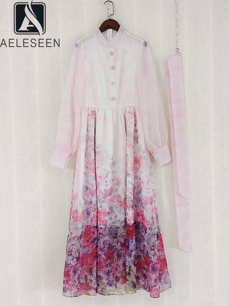 

AELESEEN Women Sicilian Summer Dress Runway Single-breasted Flower Print Elegant Beading Crystal Lantern Sleeve Party Holiday