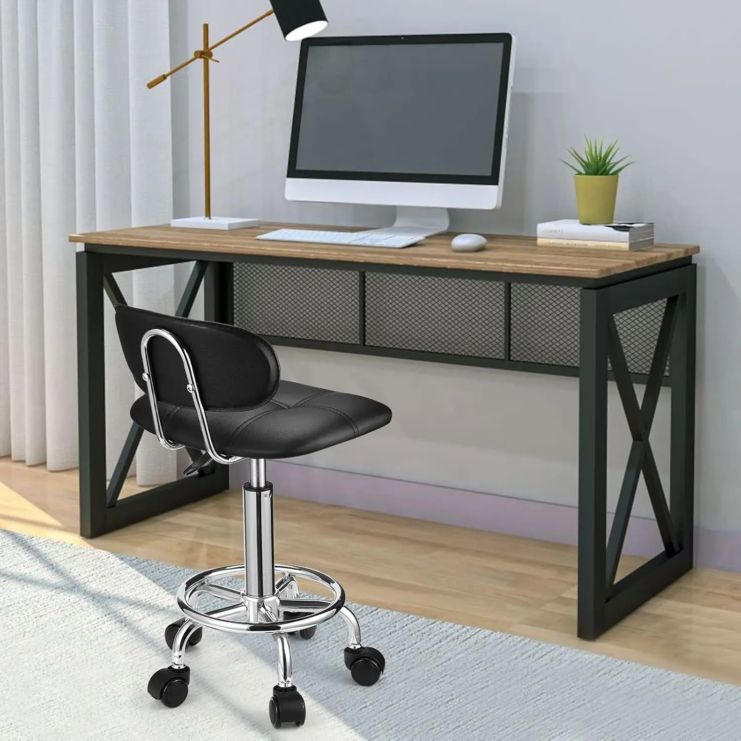 Adjustable Height Rolling Stool with Backrest, Swivel Seat and Wheels in Black