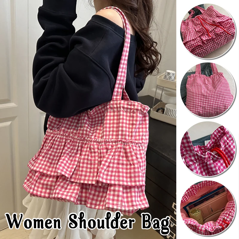 Cute Plaid Canvas Tote Bag Women's Large Capaci Faionable Buet Sle Oulder Bag Korean Sle Pure E-commerce Ss