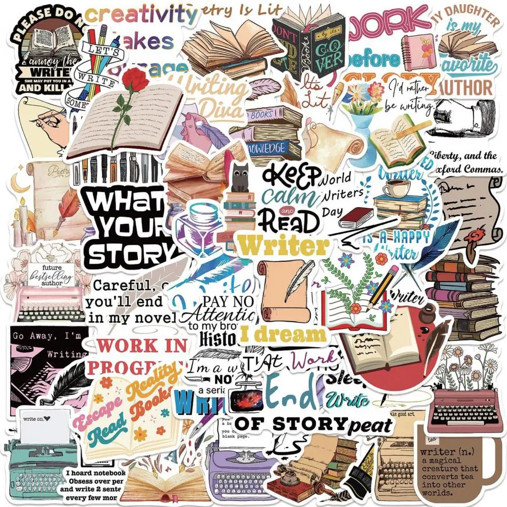 Luggage Stickers Waterproof Stickers 50pcs/set Reading Lovers Stickers for Kids Teens Cartoon Writer Graffiti Teachers Students