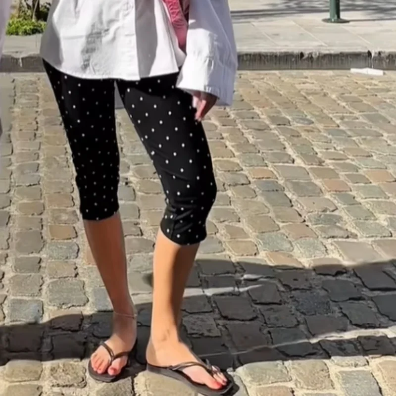 Women Y2k Polka Dot Printed Capris Cute Low Rise Stretchy Cropped Pants Side Bow Tie Skinny Capri Leggings Going Out